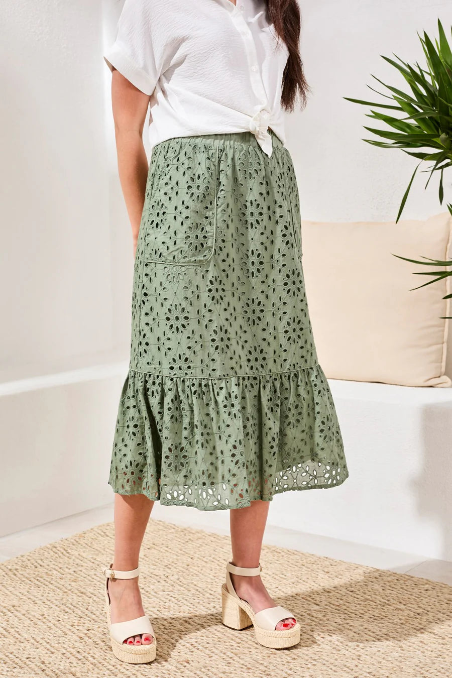 Tribal Floral Embroidered Tiered Boho Maxi Skirt - Moss