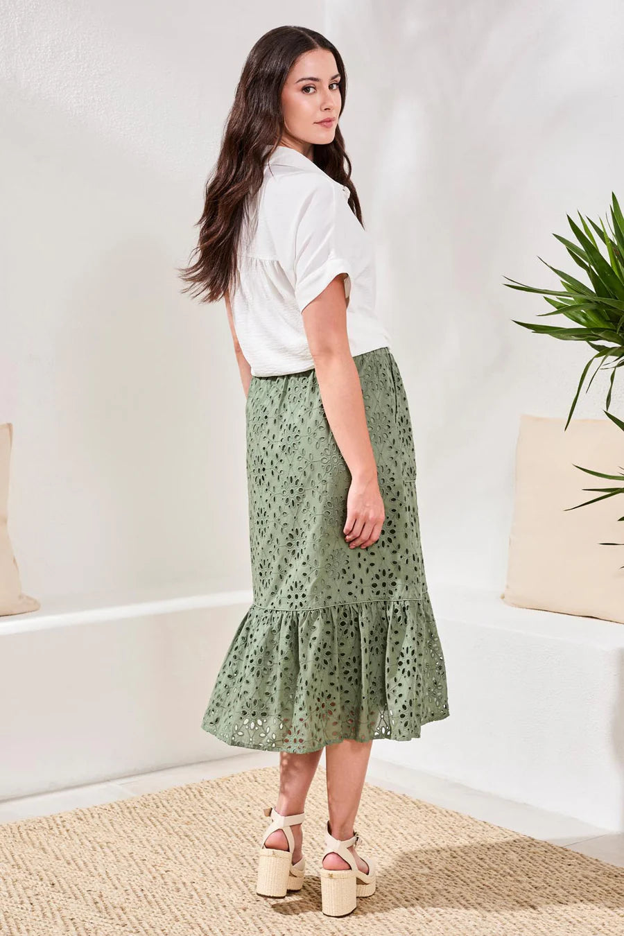 Tribal Floral Embroidered Tiered Boho Maxi Skirt - Moss