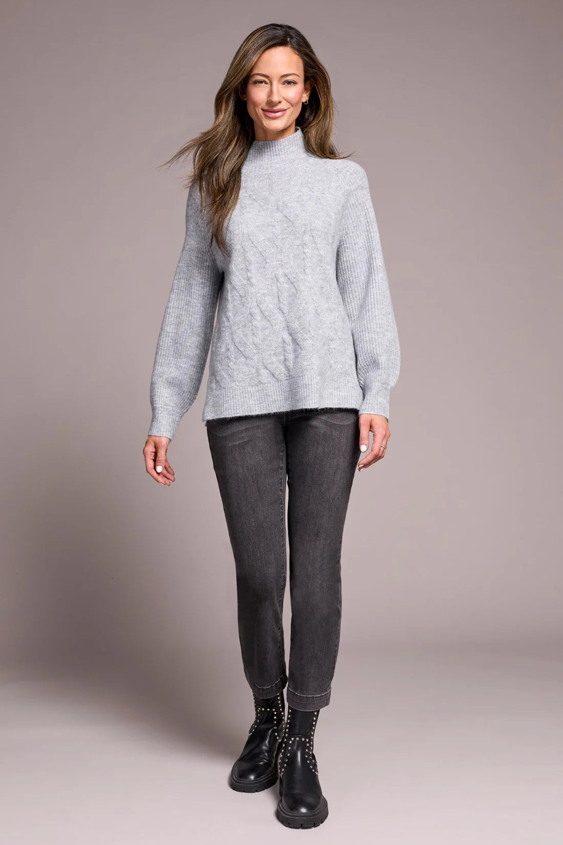 Tribal Long Puff Sleeve Mock Neck Sweater Grey Mix
