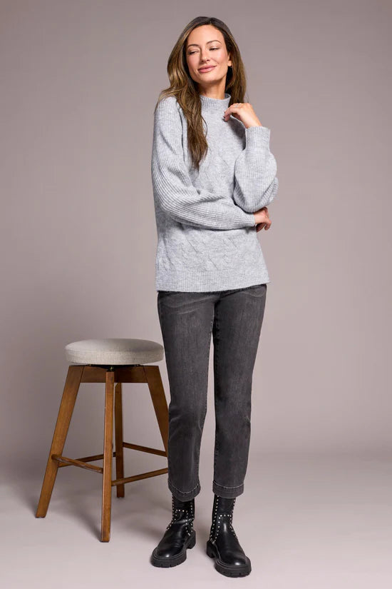 Tribal Long Puff Sleeve Mock Neck Sweater Grey Mix