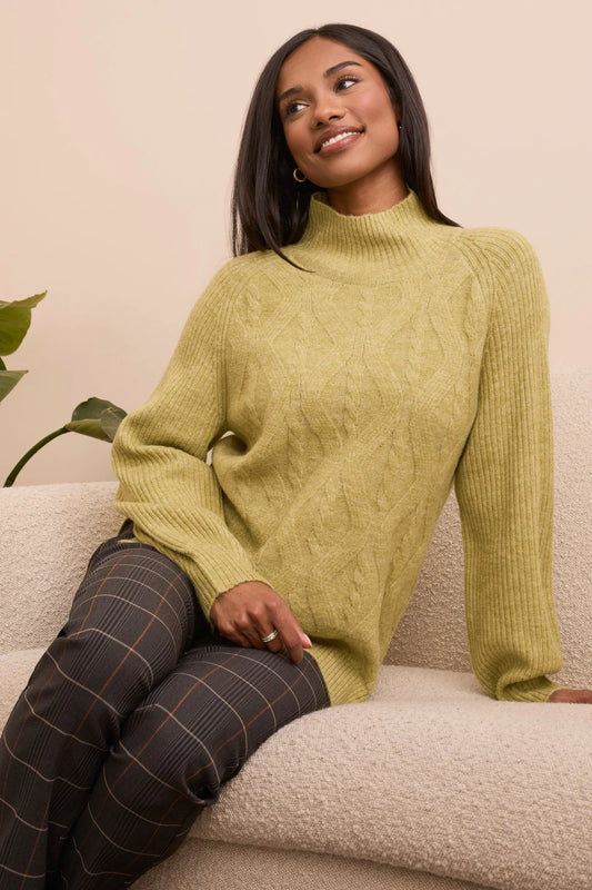 Tribal Long Puff Sleeve Mock Neck Sweater Leek