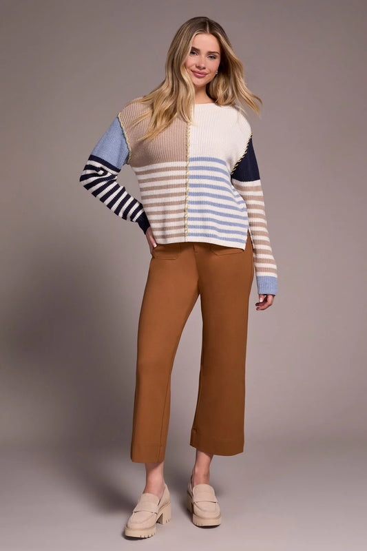 Tribal Tribal Multi Stripe Textured Boat Neck Sweater Sandstone