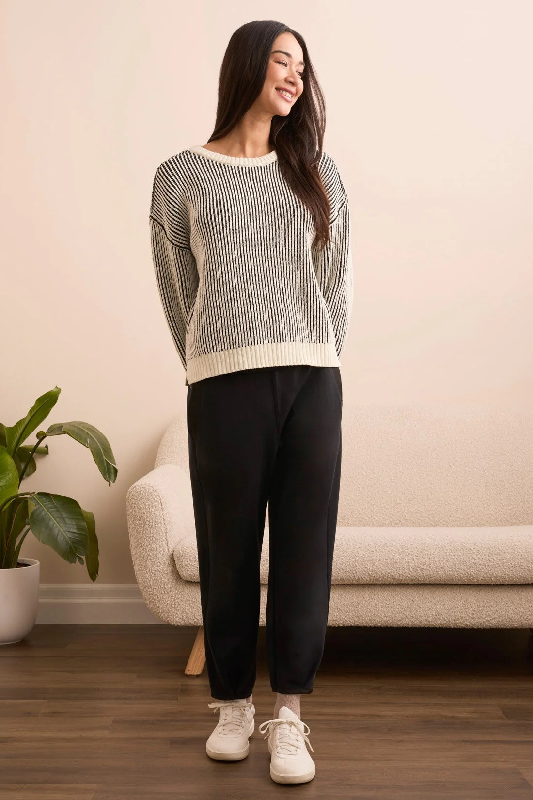 Tribal Plaited Chenille Crew Neck Ribbed Sweater - Black