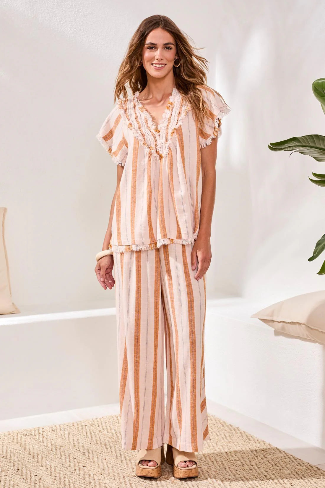 Tribal Linen Smocked V-Neck Blouse - Sahara Beige