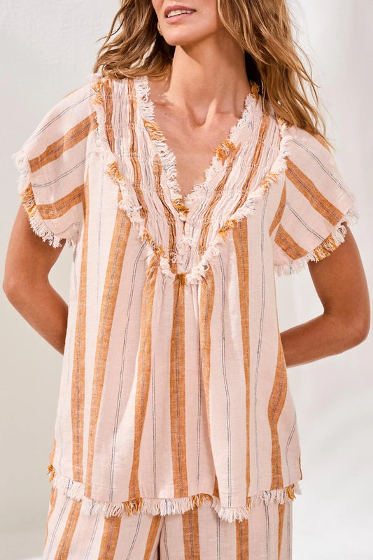 Tribal Linen Smocked V-Neck Blouse - Sahara Beige