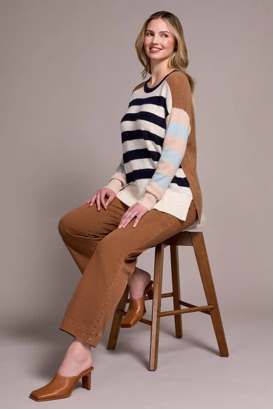 Tribal Soft Knit Combo Striped Boat Neck Sweater Sapphire