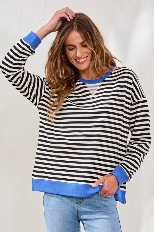 Tribal Striped French Terry Crew Neck - Black