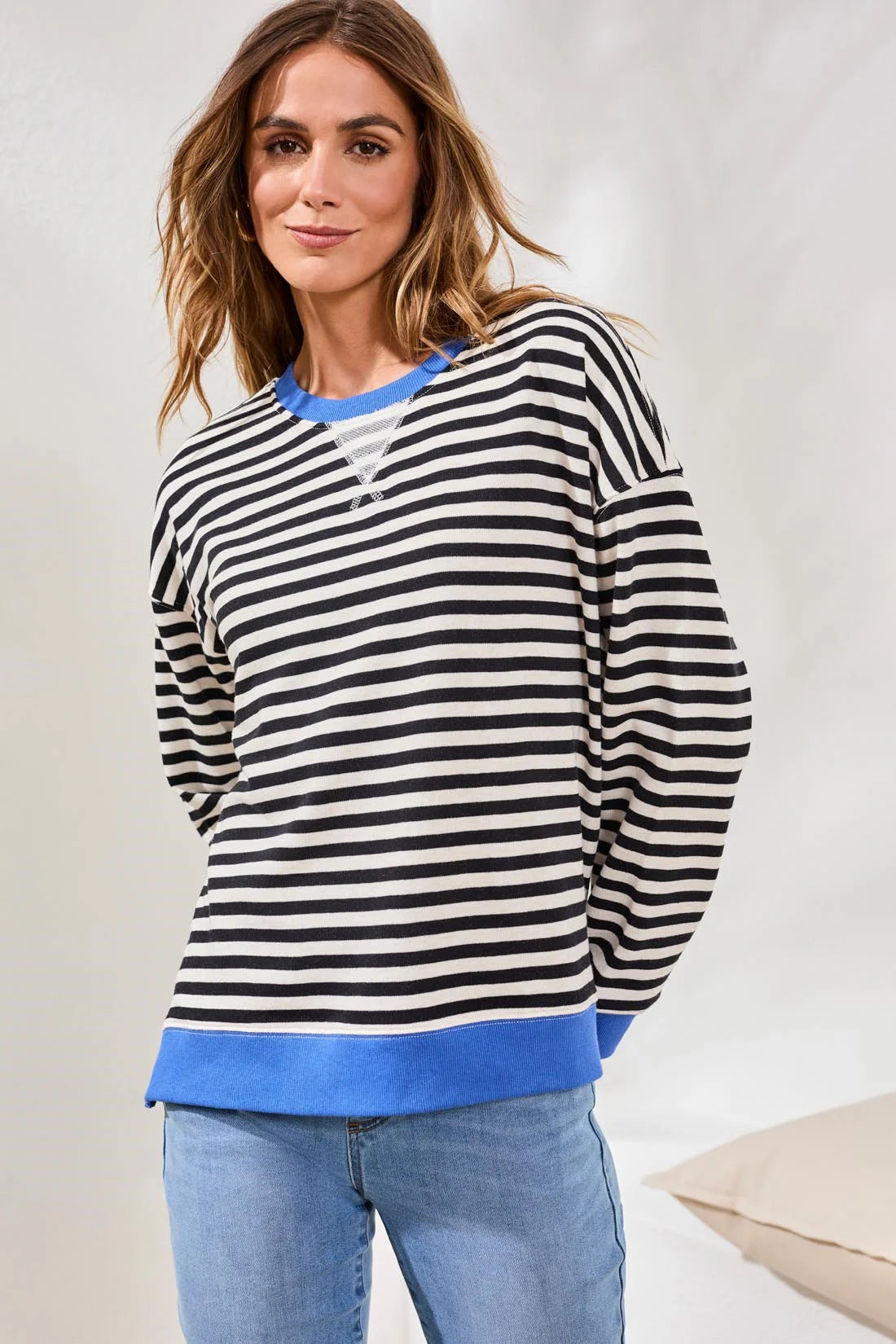 Tribal Striped French Terry Crew Neck - Black