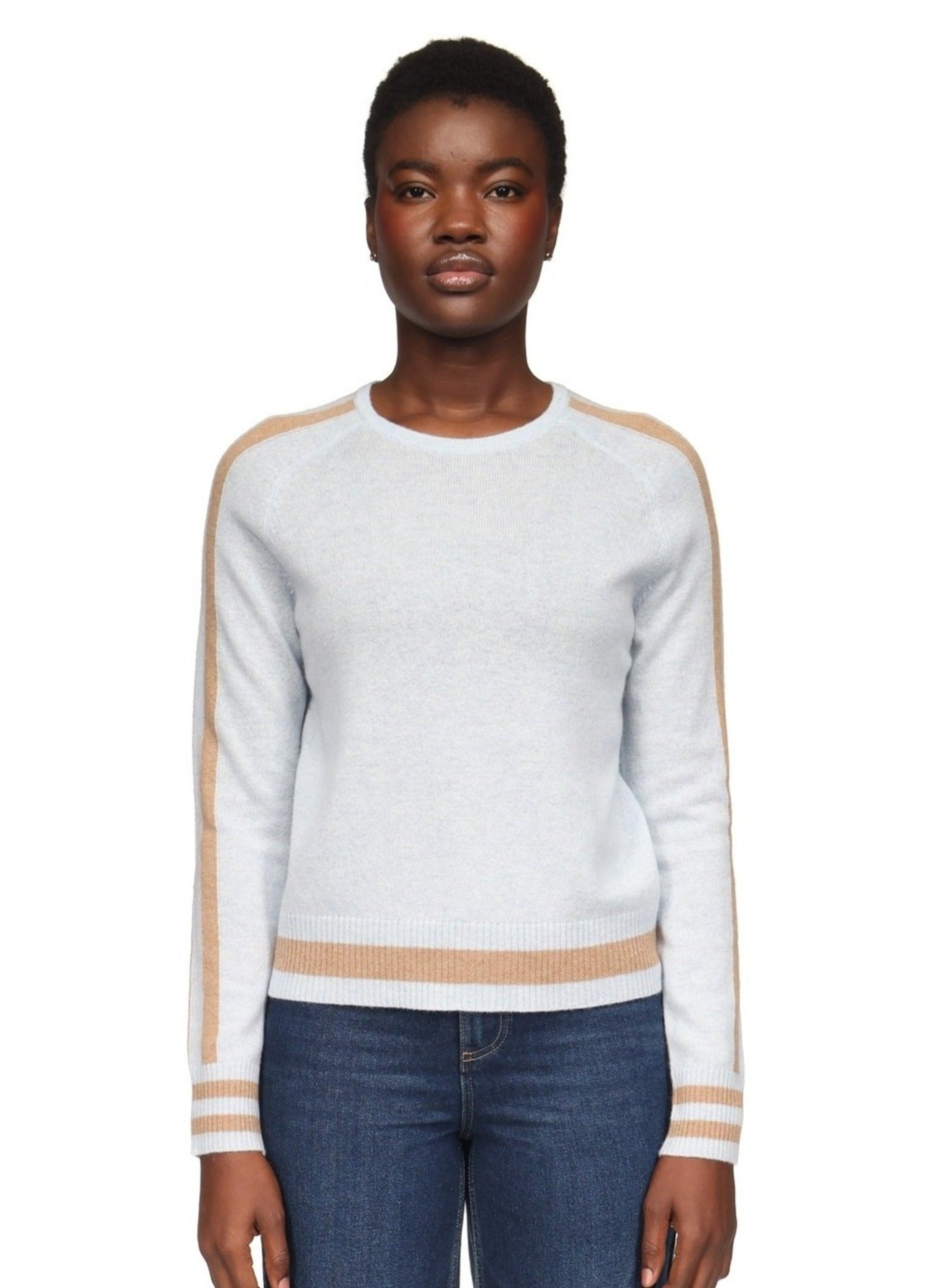 Cathy Stripe Sleeve Crew Sweater Blue Mist/Rice Camel