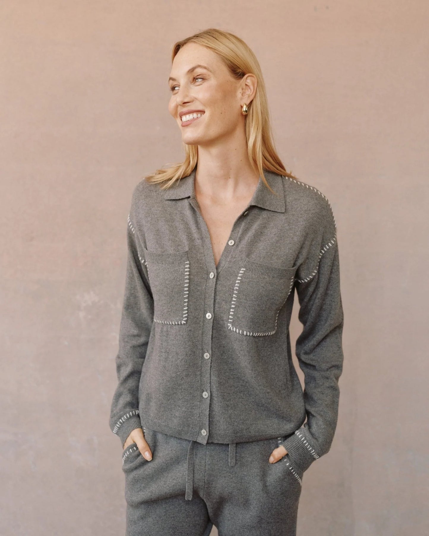 Bella Dahl Whip Stitched Pocket Button Sweater - Heather Smoke