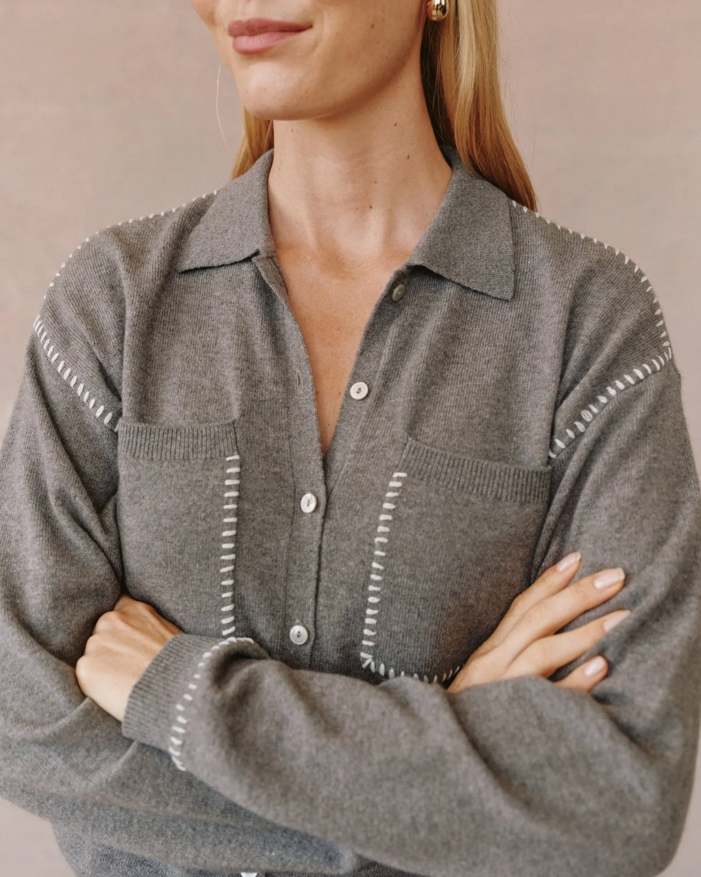 Bella Dahl Whip Stitched Pocket Button Sweater - Heather Smoke