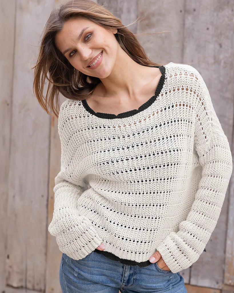Wooden Ships Faye Tipped Cotton Sweater - Almond Butter/Black