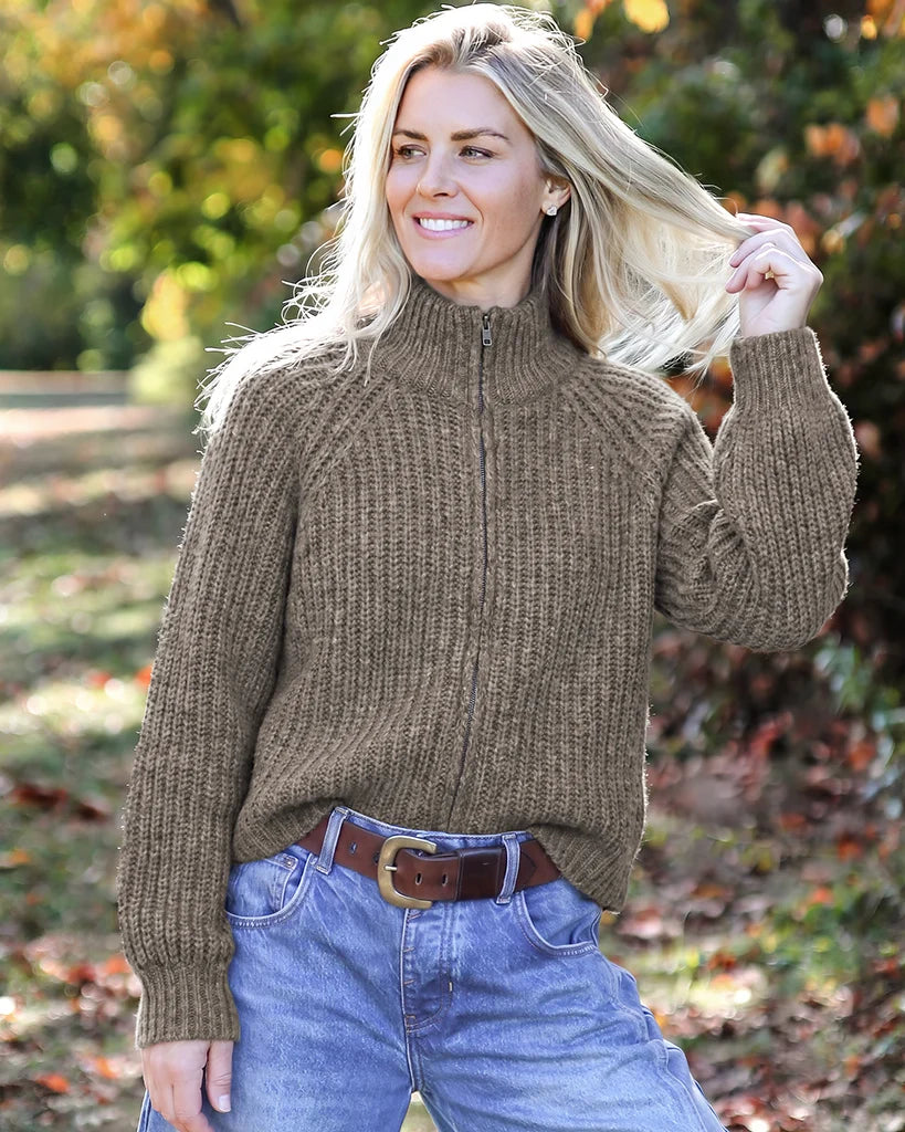 Wooden Ships Leo Marled Zip Chunky Cardigan | Sandstone/Dark Dusk Marl