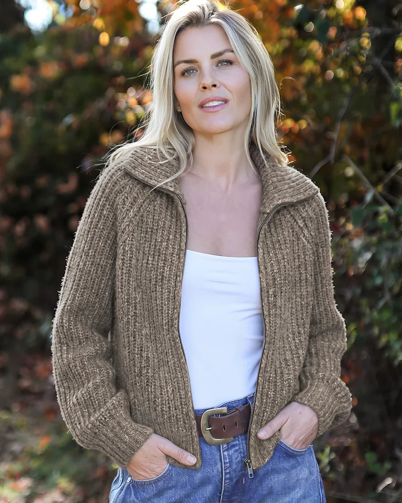 Wooden Ships Leo Marled Zip Chunky Cardigan | Sandstone/Dark Dusk Marl