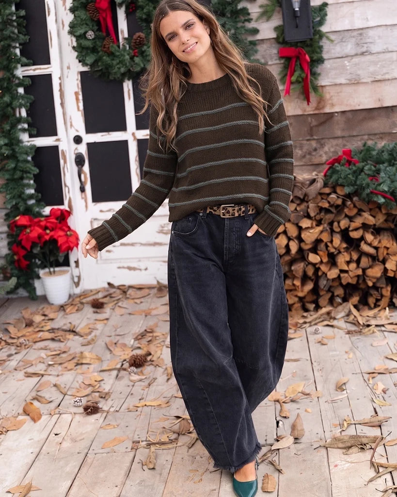 Linea Striped Crew Chunky Sweater |Dark Leather/Gray Squirrel