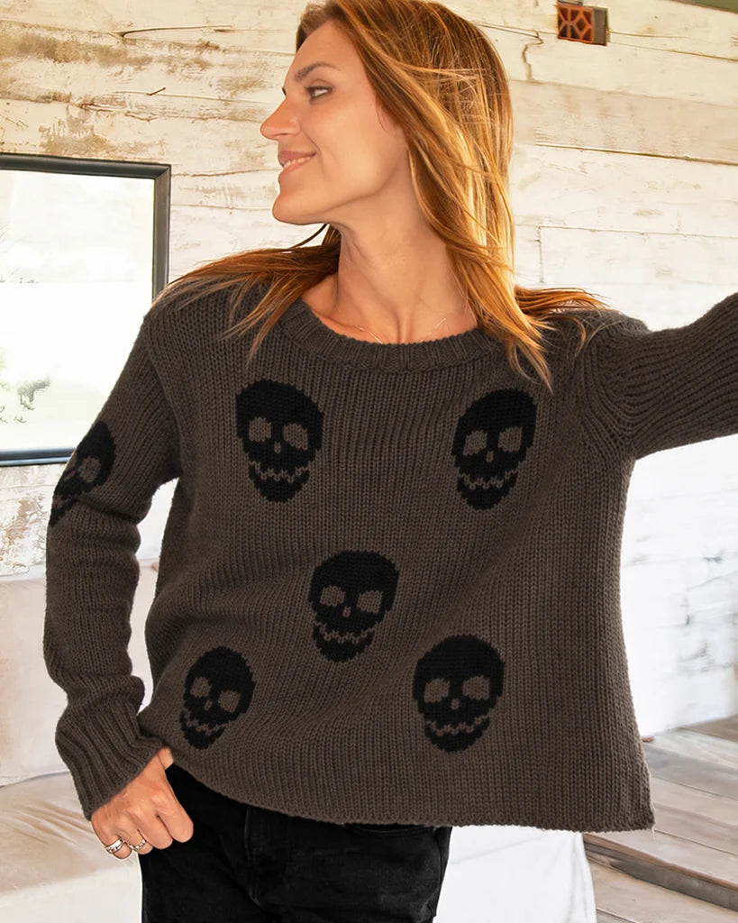 Wooden Ships Multiple Skulls Crew Sweater | Brown Brick/Black