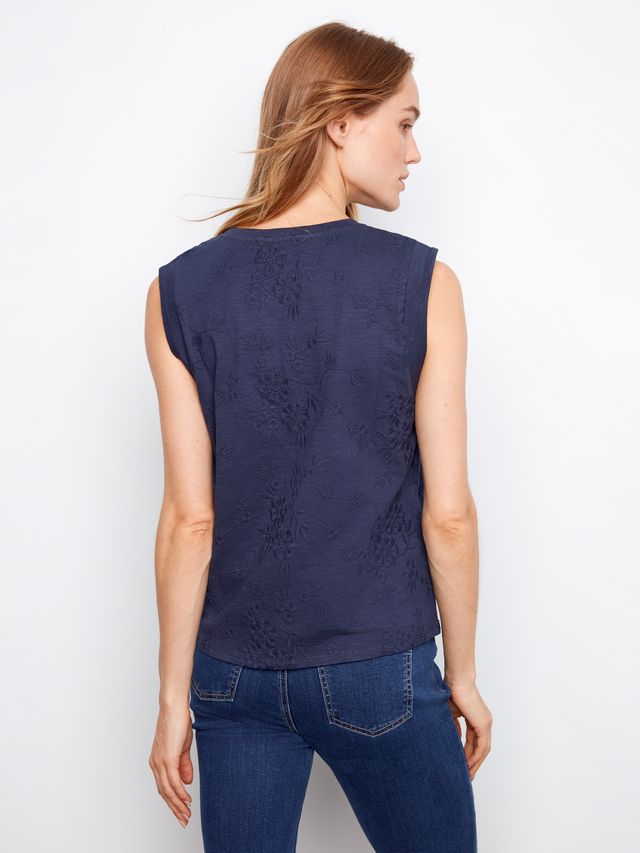 Charlie B Floral Embroidered Sleeveless Cotton Top