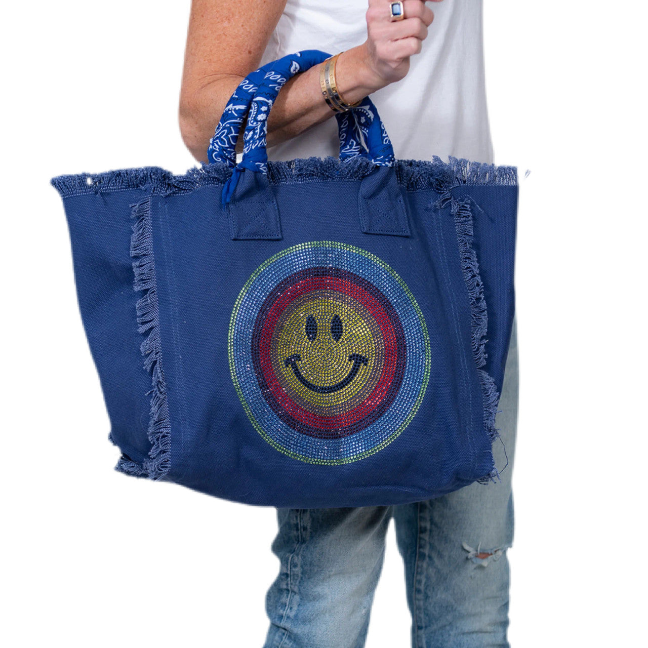 Hip Chik Crystal Multi Smile Fringe Canvas Tote Bag Blue