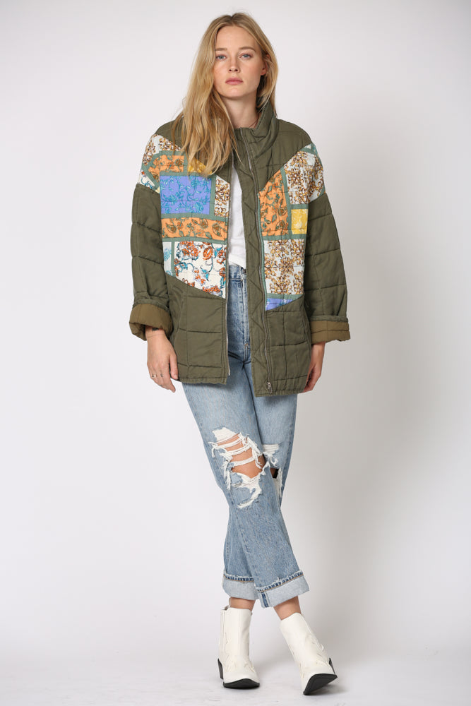 Mixed Signals Patchwork Quilted Jacket-Olive