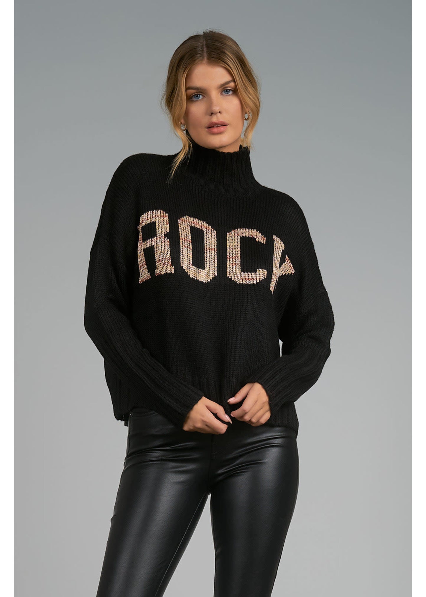Elan Black Mock Turtleneck Rock Sweater-Black