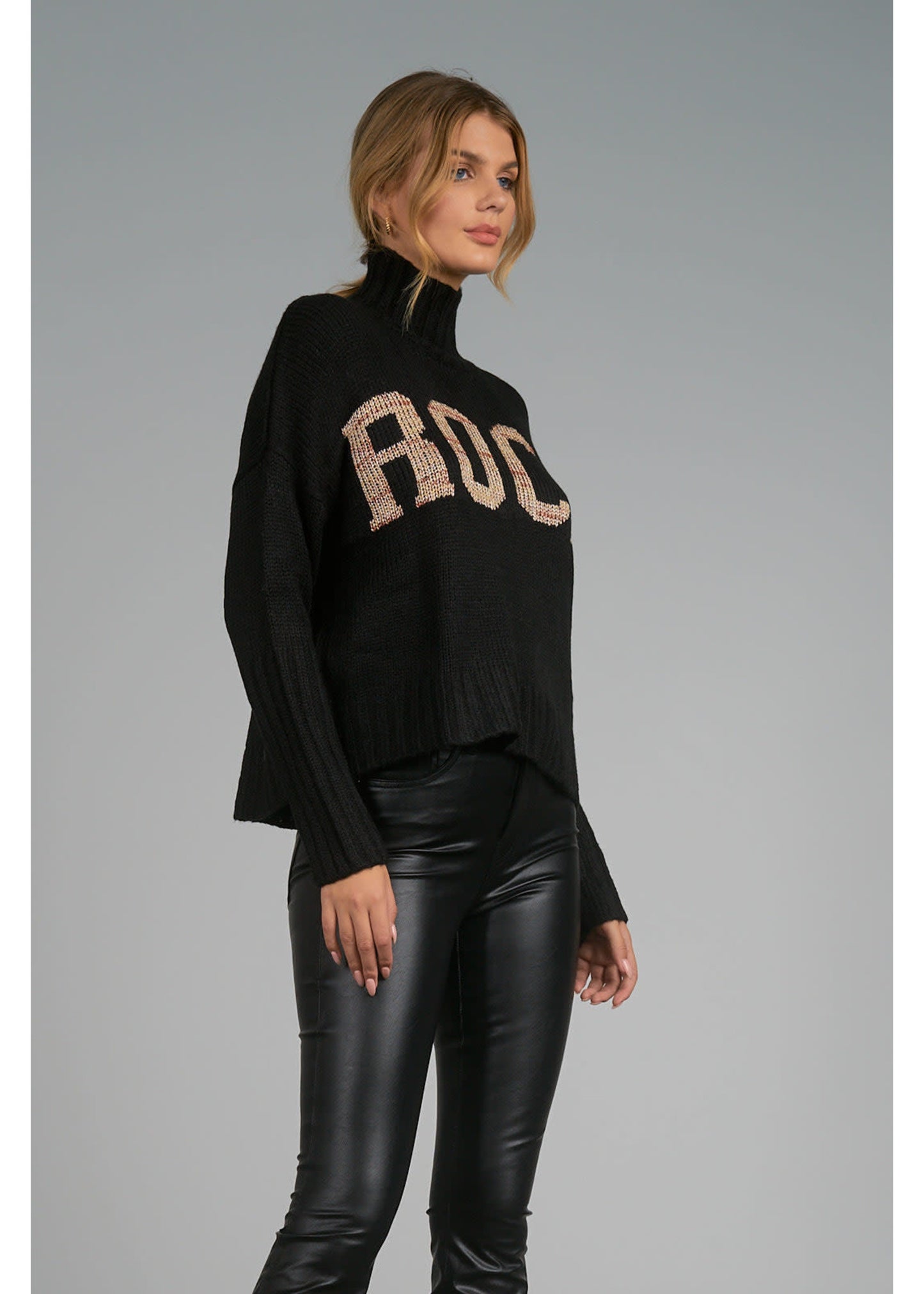 Elan Black Mock Turtleneck Rock Sweater-Black