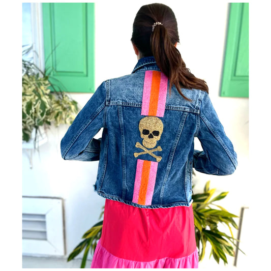 Tiana Hand Beaded Skull & Stripes Jeans Jacket