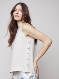 Charlie B Sleeveless Linen Top with Side Buttons